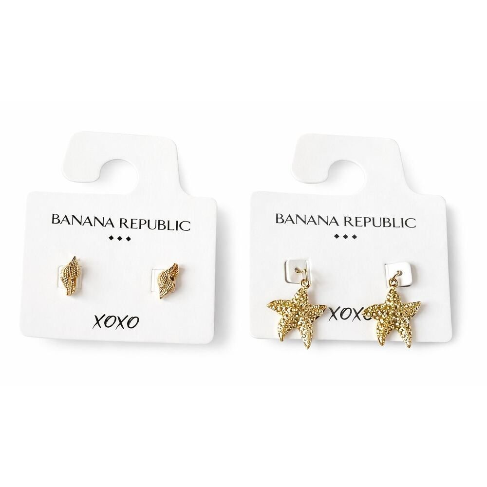 Banana Republic Gold Tone Earring Bundle 2 Pairs Textured Studs Starfish NWT